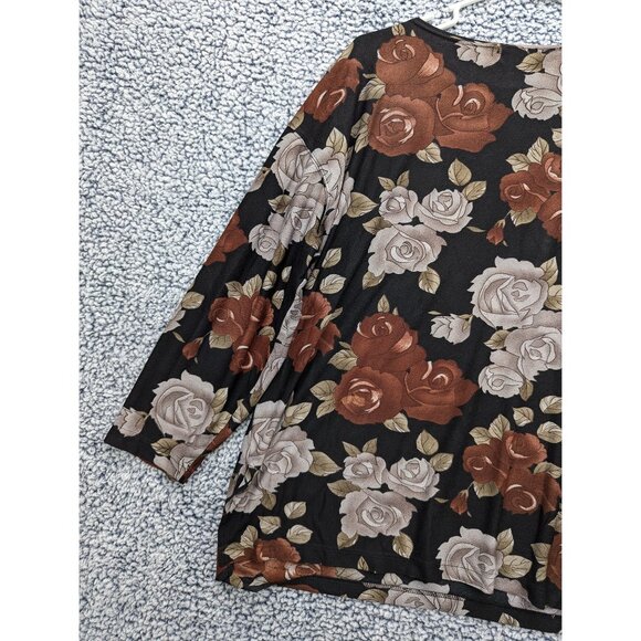 VTG Express Top Size Medium 90s Dark Floral Relaxed Fit Long Sleeve Stretch Blk - Picture 7 of 12